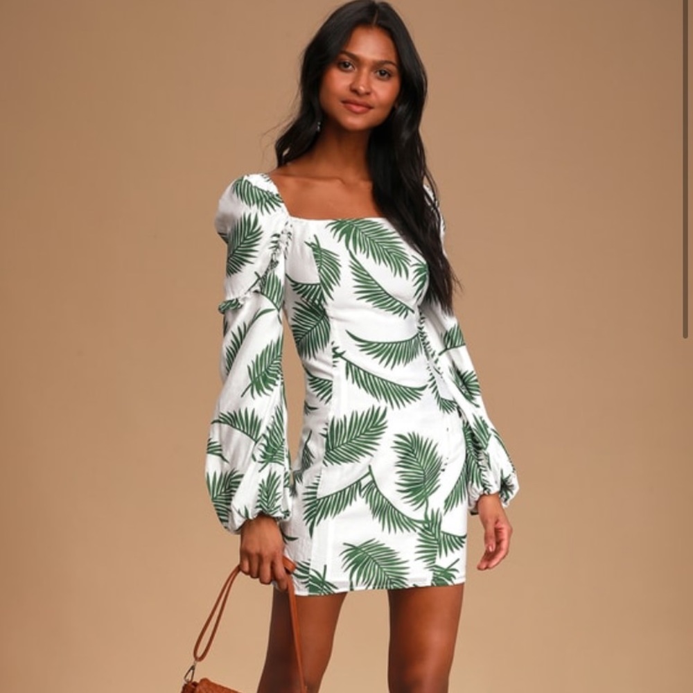 Lulu’s Frond Feelings White Leaf Print Balloon Sleeve Mini Dress